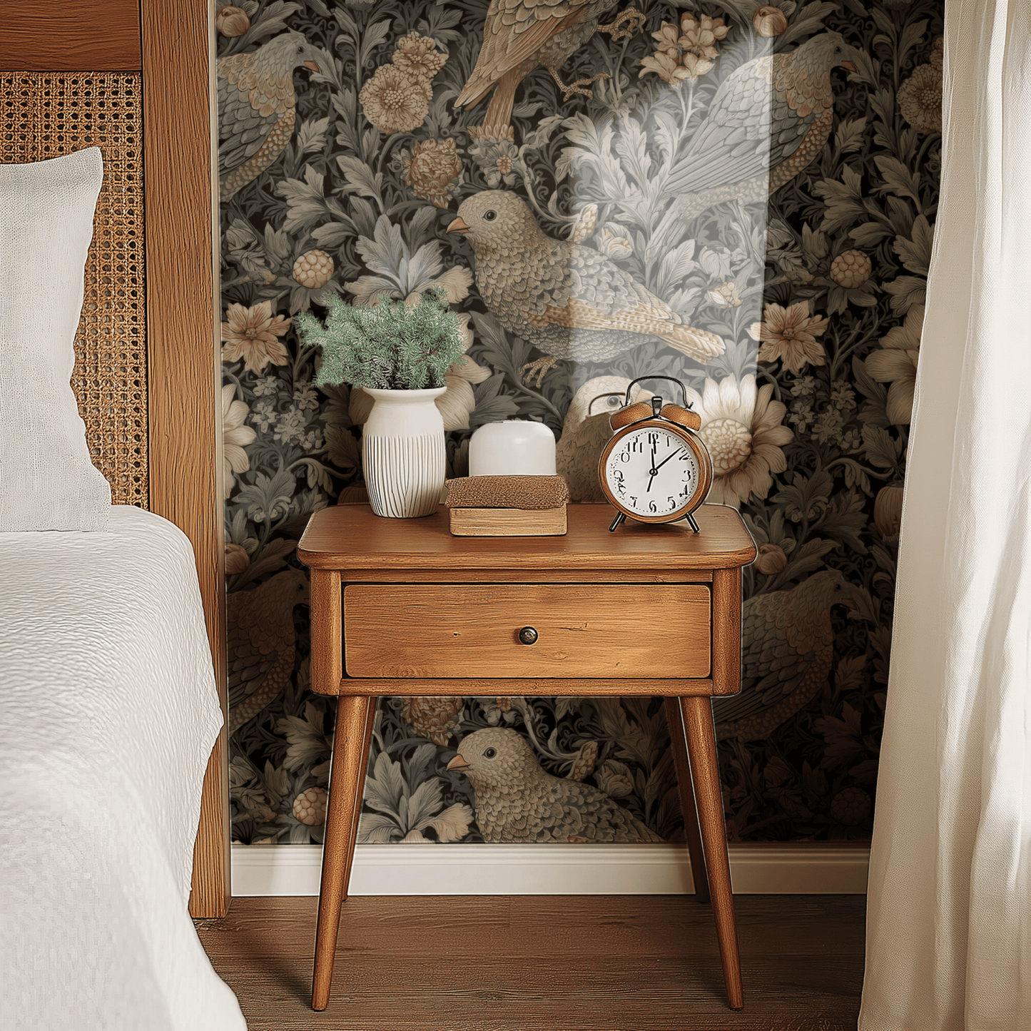 Grey Floral Wallpaper shown in a second interior with the autumnal palette and Arts and Crafts birds reading as country-house traditional