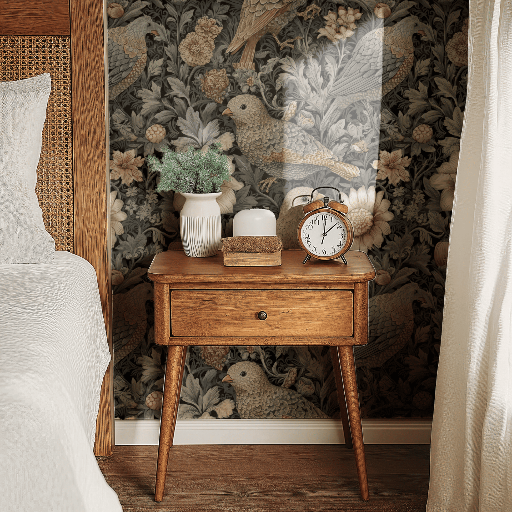 Grey Floral Wallpaper shown in a second interior with the autumnal palette and Arts and Crafts birds reading as country-house traditional
