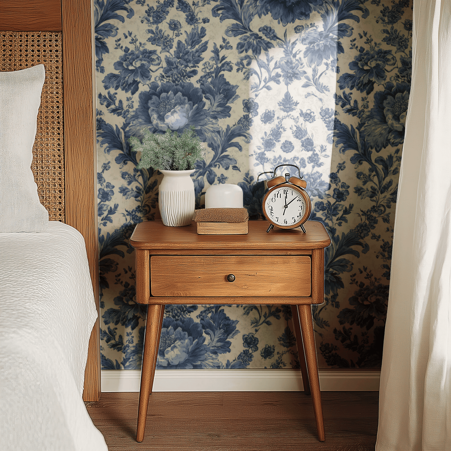 Blue Floral Wallpaper shown in a second interior with the Victorian filigree reading as serious traditional decoration