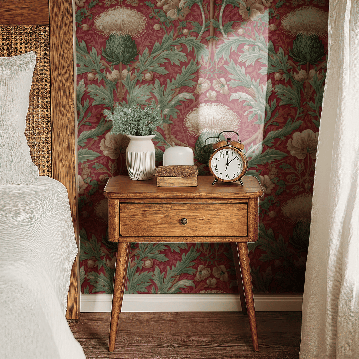 Red Floral Wallpaper shown in a second interior with the dark red thistles reading as atmospheric Scottish-traditional decoration