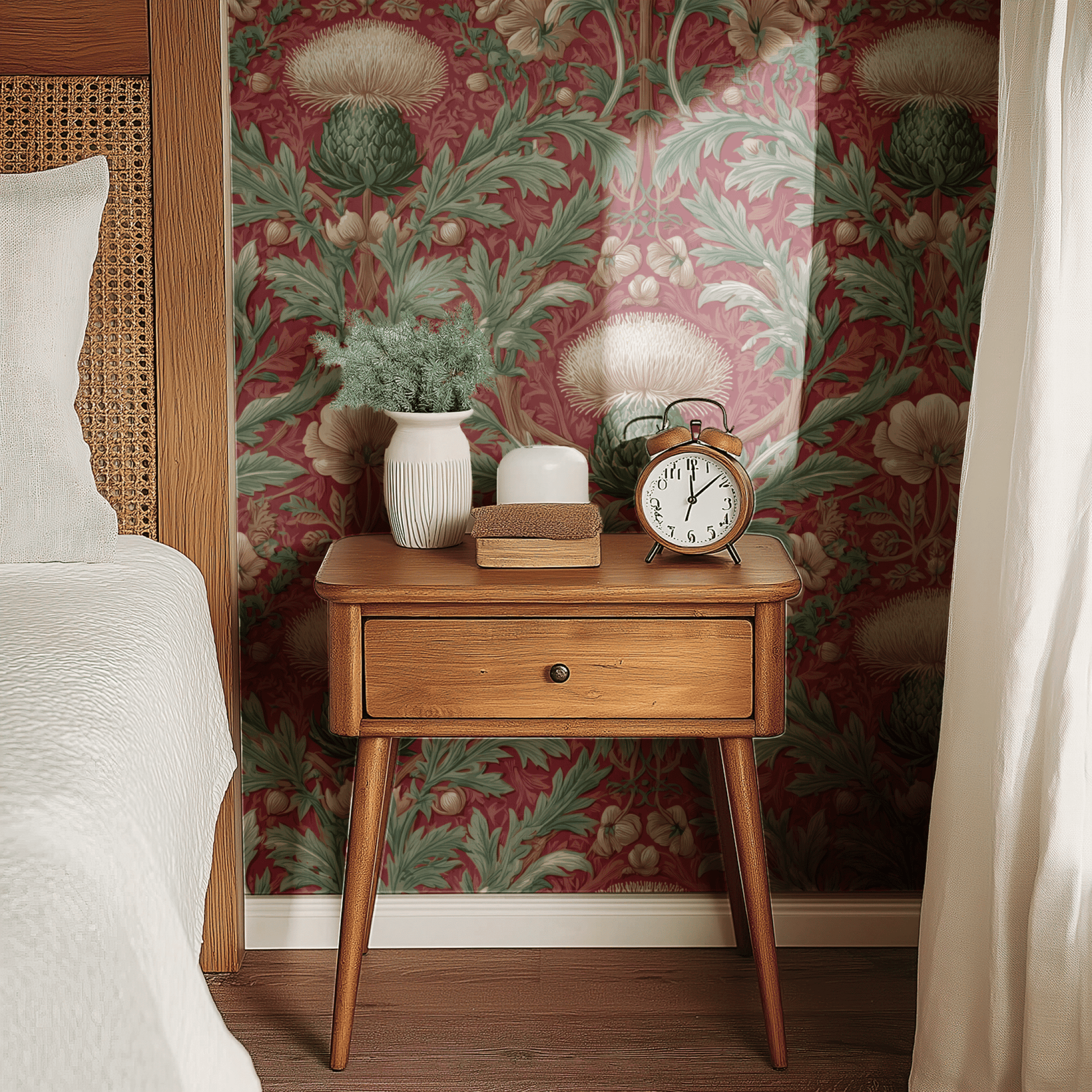 Red Floral Wallpaper shown in a second interior with the dark red thistles reading as atmospheric Scottish-traditional decoration