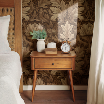 Brown Damask Wallpaper shown in a second room with the brown damask fern reading as classic library-style traditional decoration