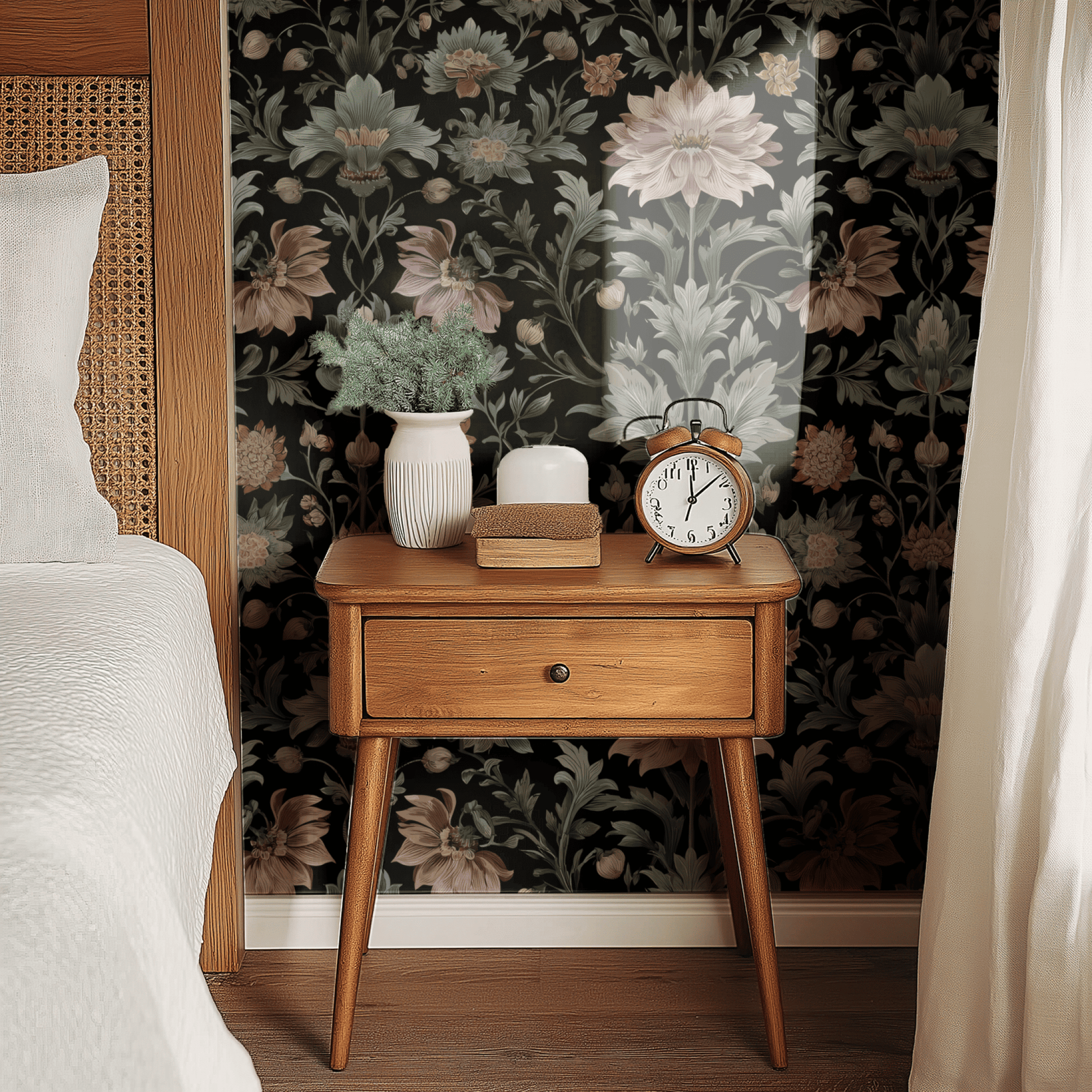 Thistle Crimson shown in a second room with the dark snakeshead reading as theatrical evening dining-room decoration