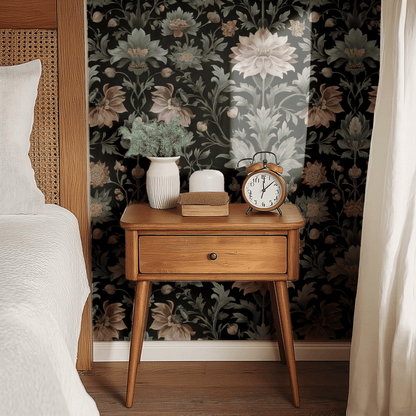 Thistle Crimson shown in a second room with the dark snakeshead reading as theatrical evening dining-room decoration
