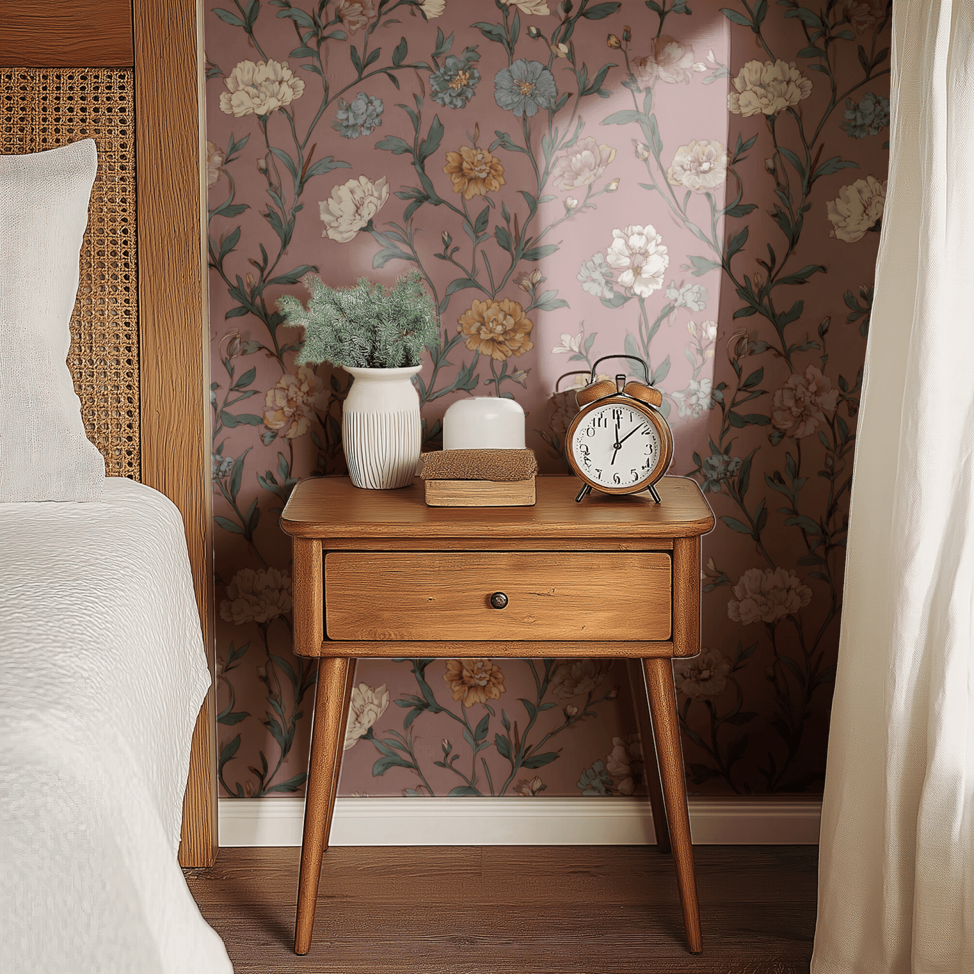 Pink Floral Wallpaper shown in a second room with the rosaline majolica reading as Italianate feminine traditional decoration
