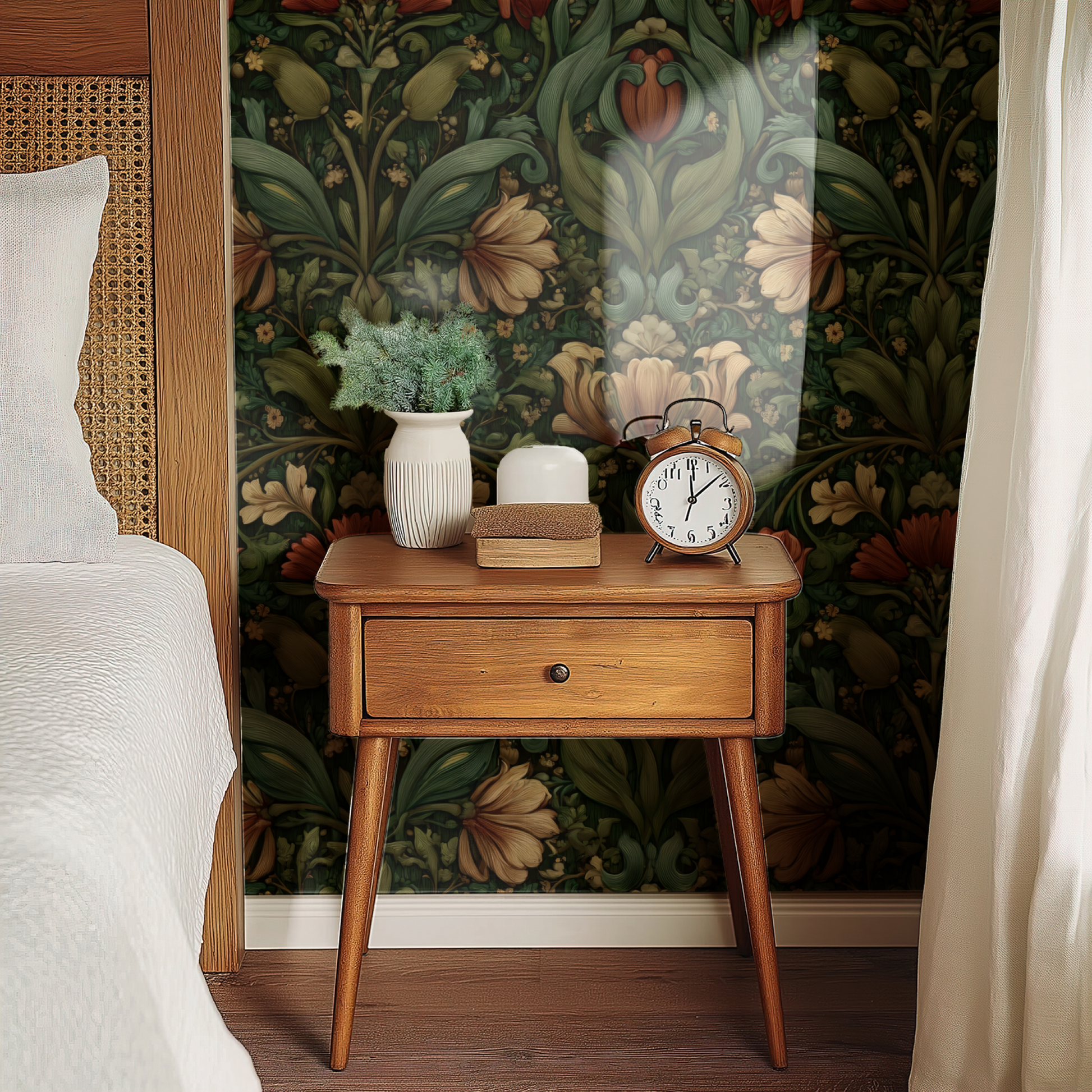 Green Floral Wallpaper shown in a second interior with the verdant tulips reading as gracefully traditional spring-floral decoration