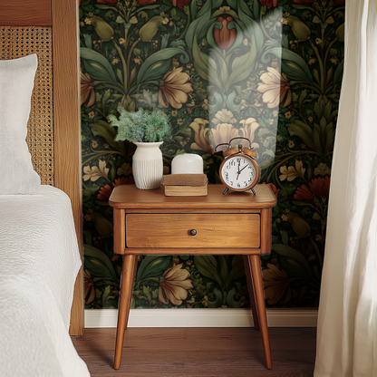 Green Floral Wallpaper shown in a second interior with the verdant tulips reading as gracefully traditional spring-floral decoration