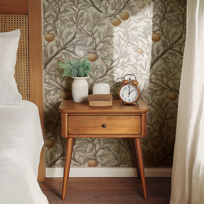 Cream Botanical Wallpaper shown in a second room with the cream-and-gold orchard reading as warmly harvest-rich kitchen decoration