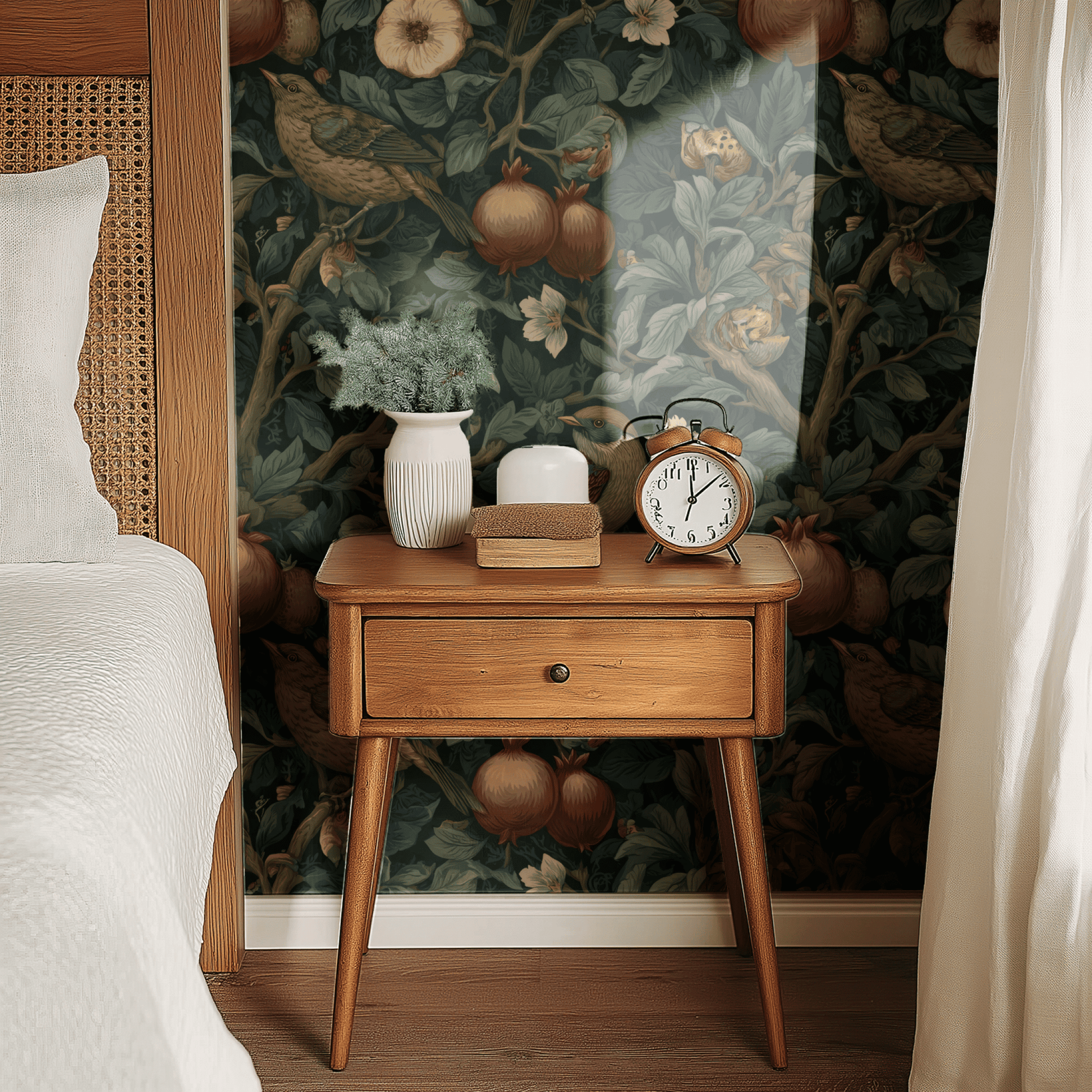 Green Bird Pattern Wallpaper shown in a second room with the dark pomegranate reading as atmospheric English-country library decoration