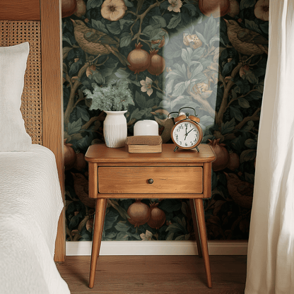 Green Bird Pattern Wallpaper shown in a second room with the dark pomegranate reading as atmospheric English-country library decoration