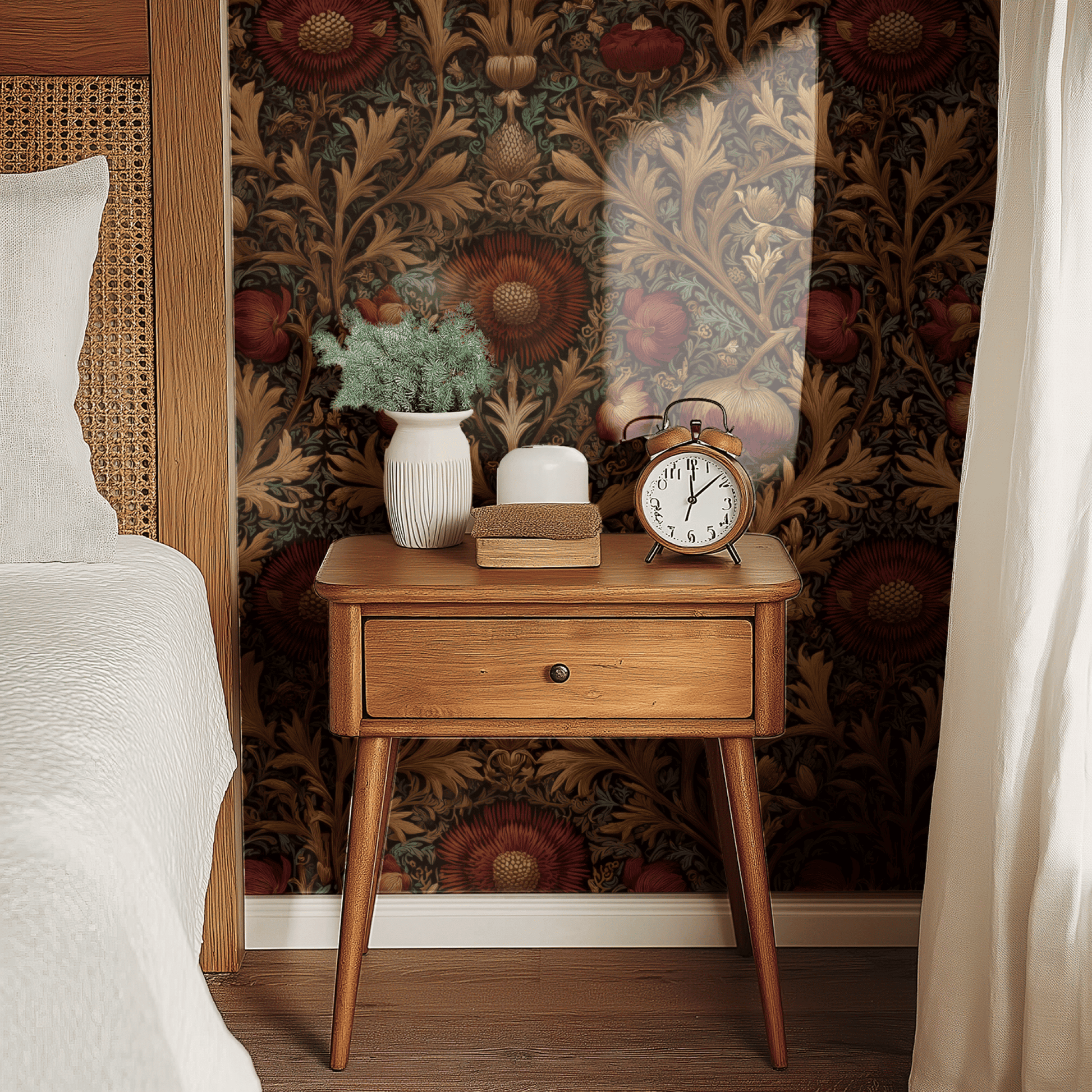Green Floral Wallpaper shown in a second room with the Victorian poppy giving the wall a country-house traditional botanical character