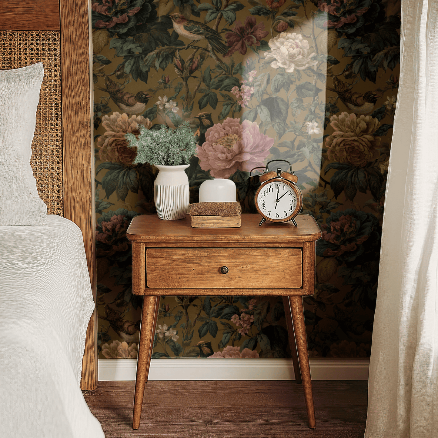 Green Floral Wallpaper shown in a second room with the moody garden reading as atmospheric library-style natural decoration