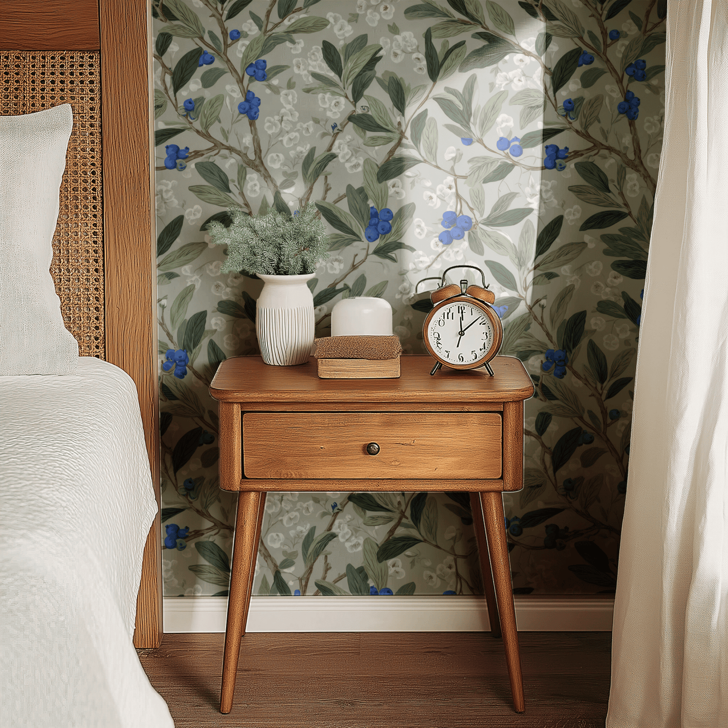 Grey Botanical Wallpaper shown in a second interior with the dark blueberries reading as atmospheric botanical decoration