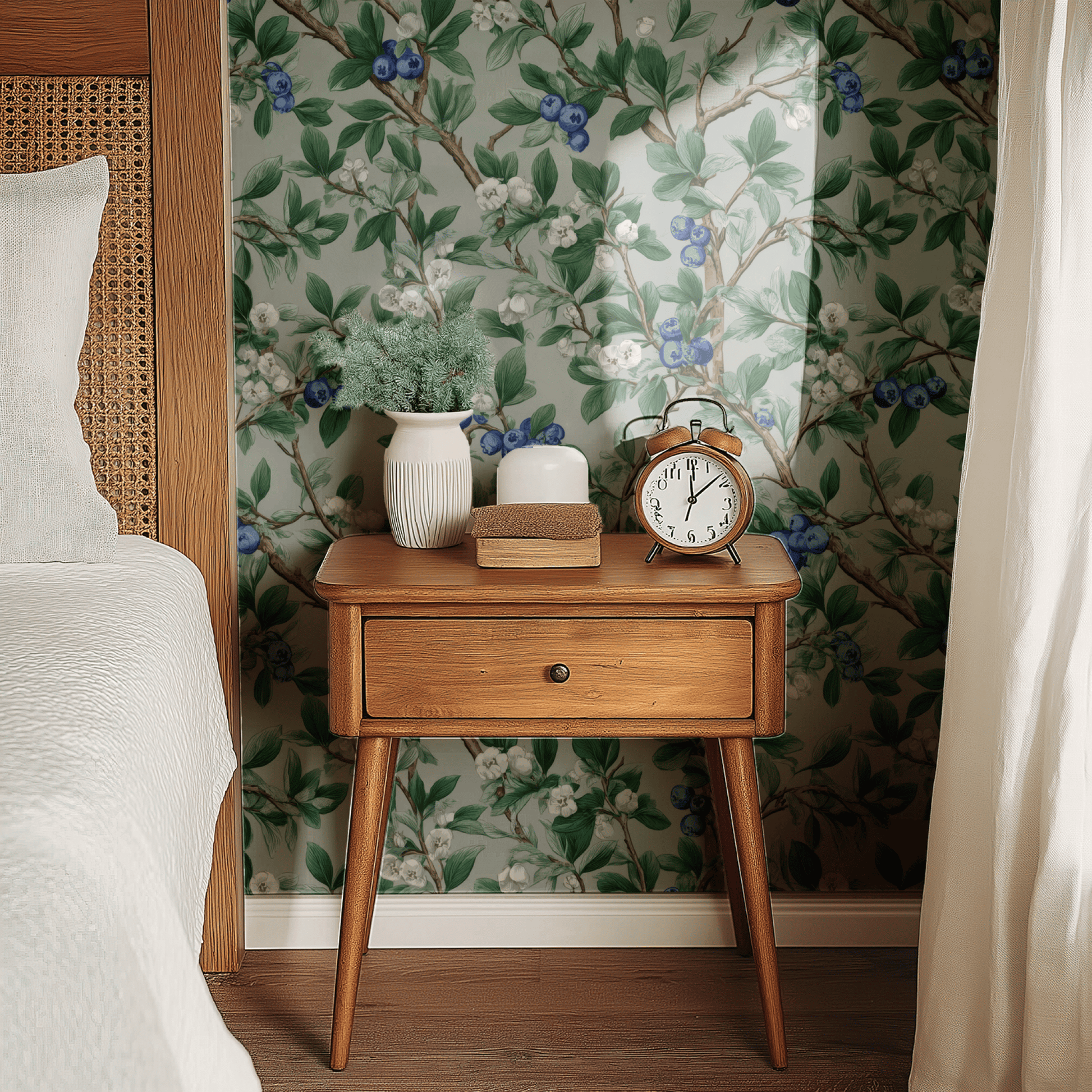 Grey Botanical Wallpaper shown in a second room with the chalky blueberries reading as soft botanical fruit decoration