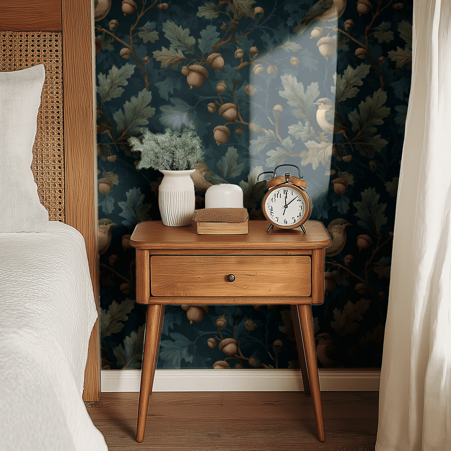 Green Bird Pattern Wallpaper shown in a second interior with the dark woodland oak reading as atmospheric English-country library decoration