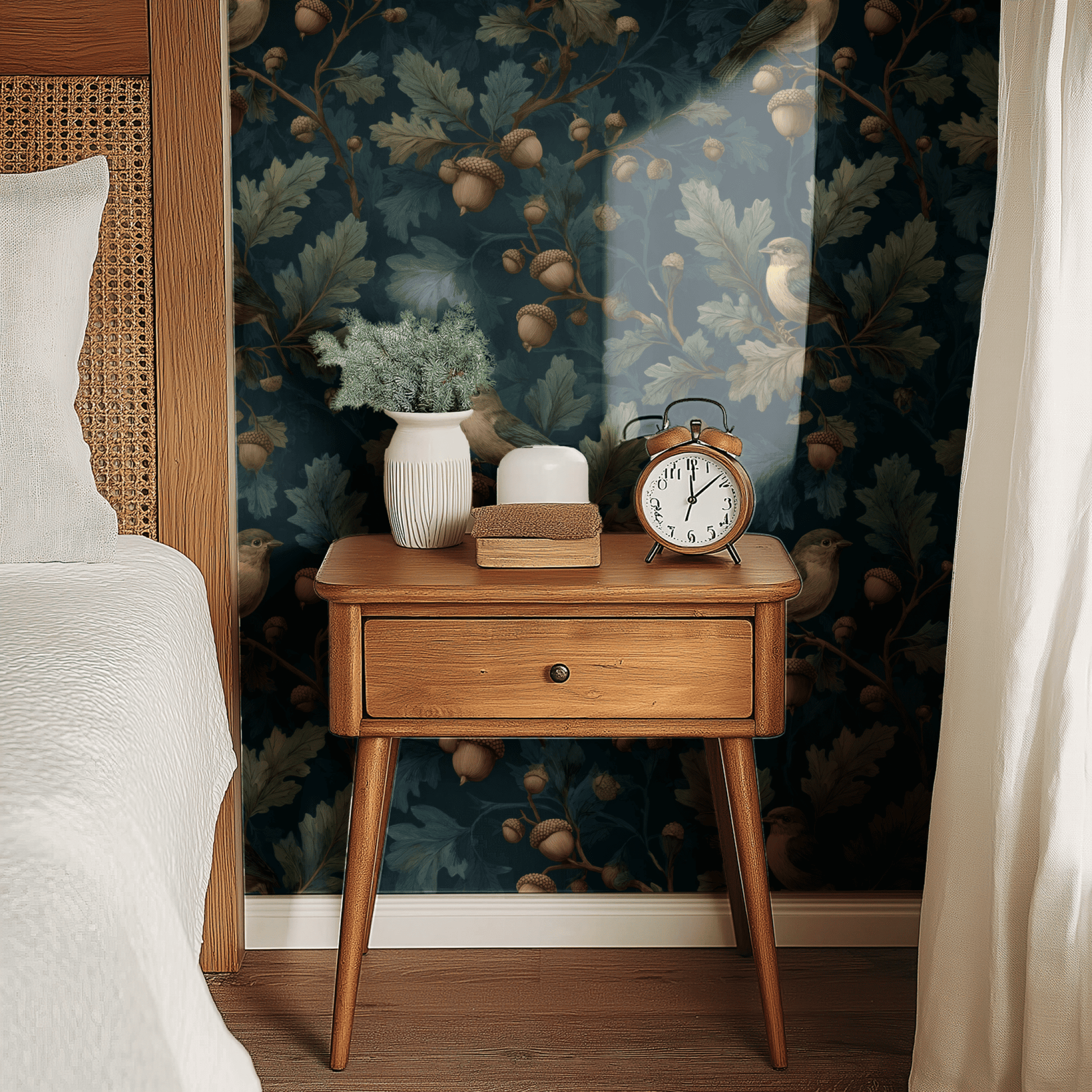 Green Bird Pattern Wallpaper shown in a second interior with the dark woodland oak reading as atmospheric English-country library decoration