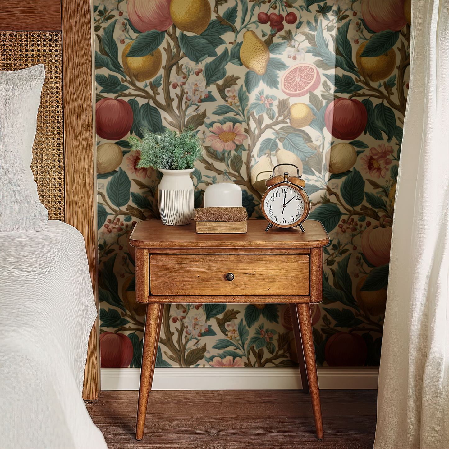 Cream Floral Wallpaper installed in a room interior with botanical fruit and florals in abundant cream pattern