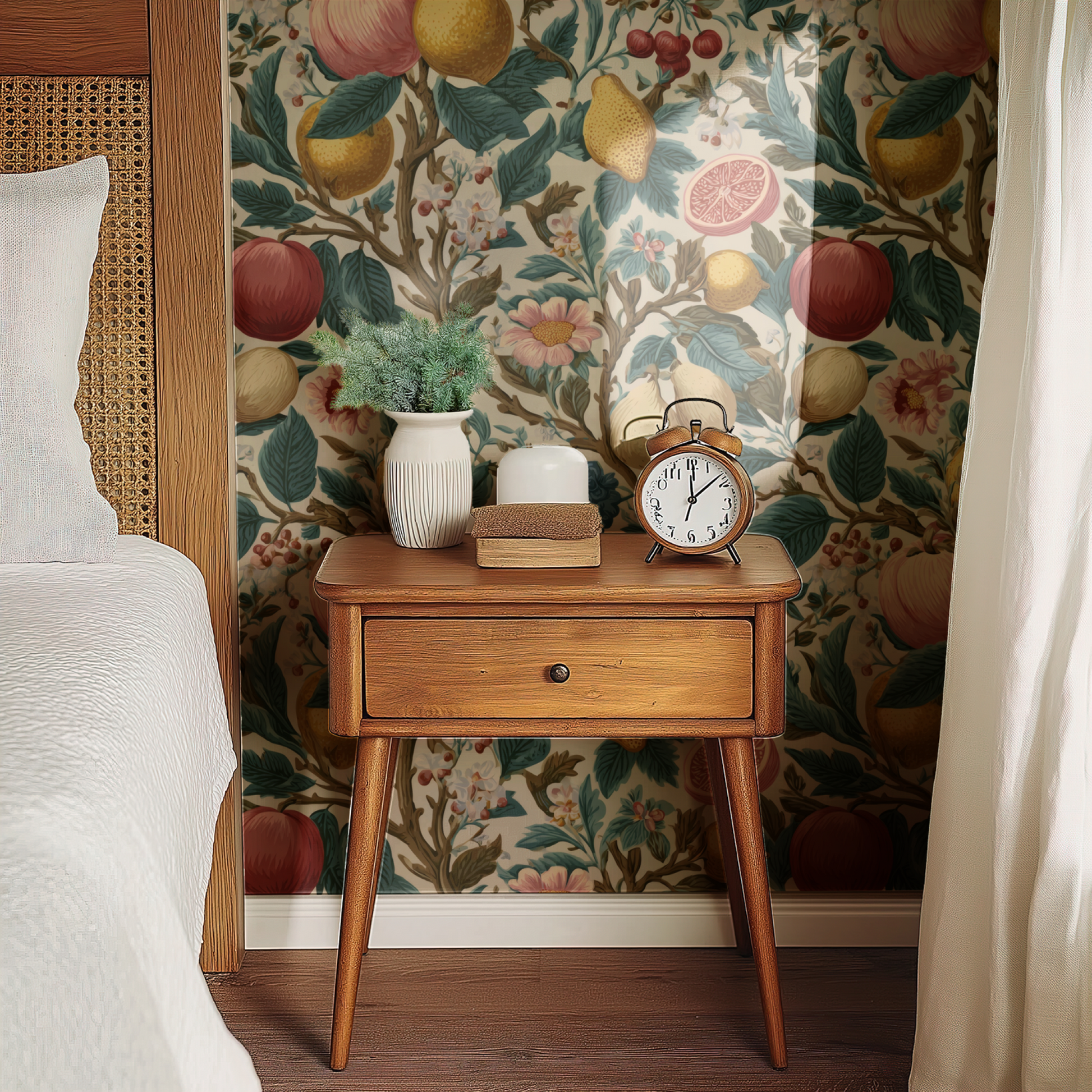 Cream Floral Wallpaper installed in a room interior with botanical fruit and florals in abundant cream pattern