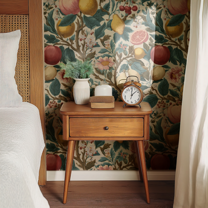 Cream Floral Wallpaper installed in a room interior with botanical fruit and florals in abundant cream pattern