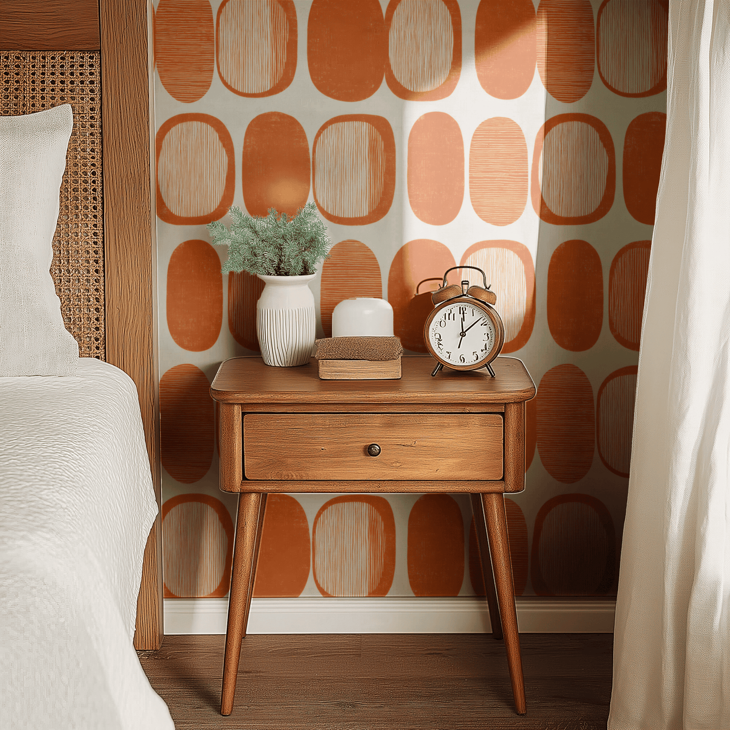 White Geometric Wallpaper shown in a second room with the tangerine mod reading as 1950s-style warm geometric decoration