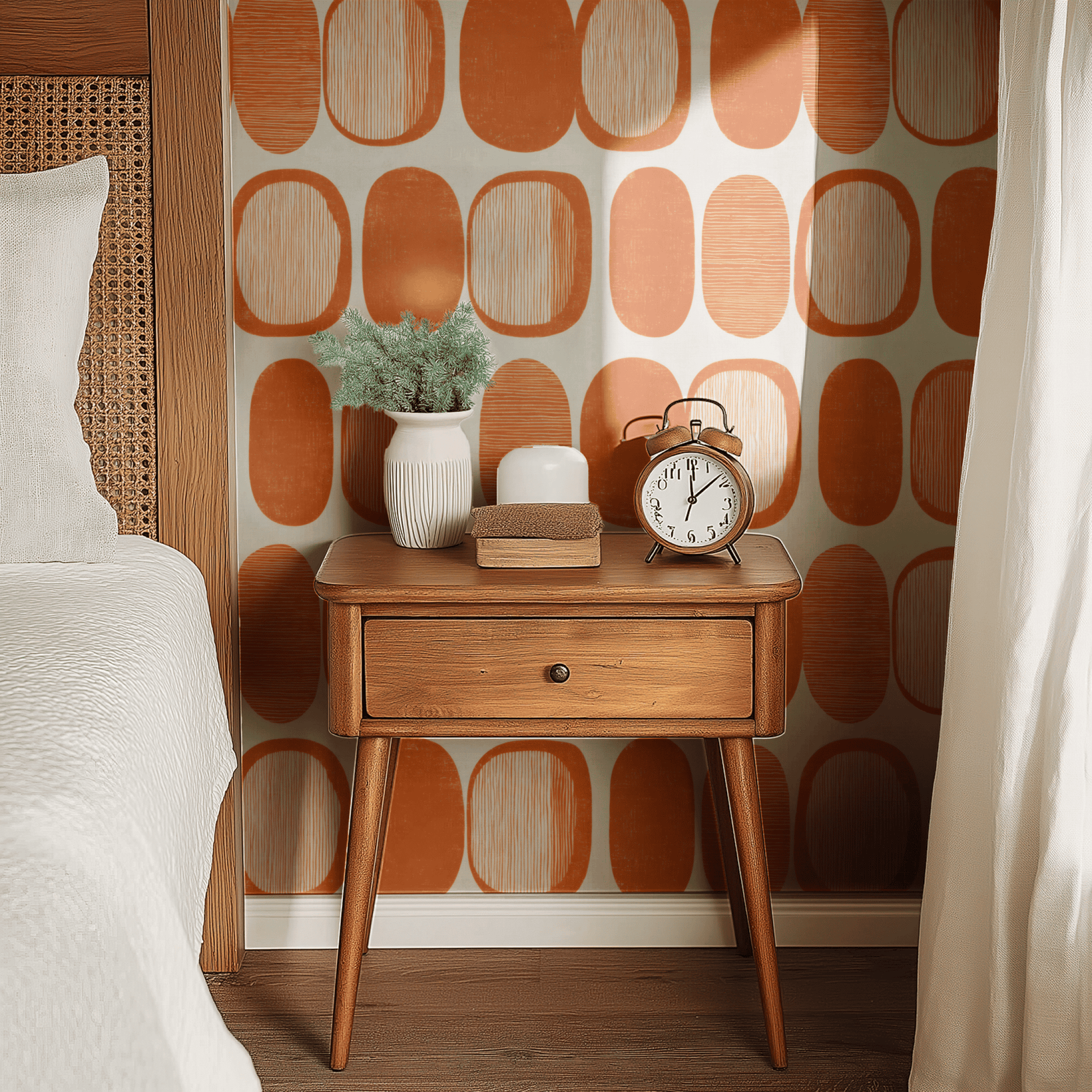 White Geometric Wallpaper shown in a second room with the tangerine mod reading as 1950s-style warm geometric decoration