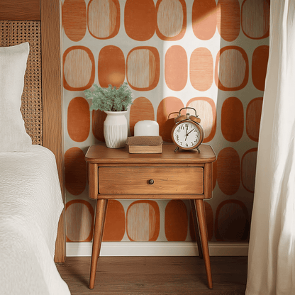 White Geometric Wallpaper shown in a second room with the tangerine mod reading as 1950s-style warm geometric decoration