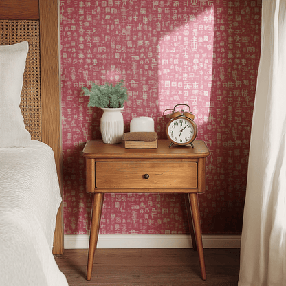 Pink Abstract Wallpaper shown in a second room context, the typography pattern reading as quietly literary and the pink palette pairing against natural materials