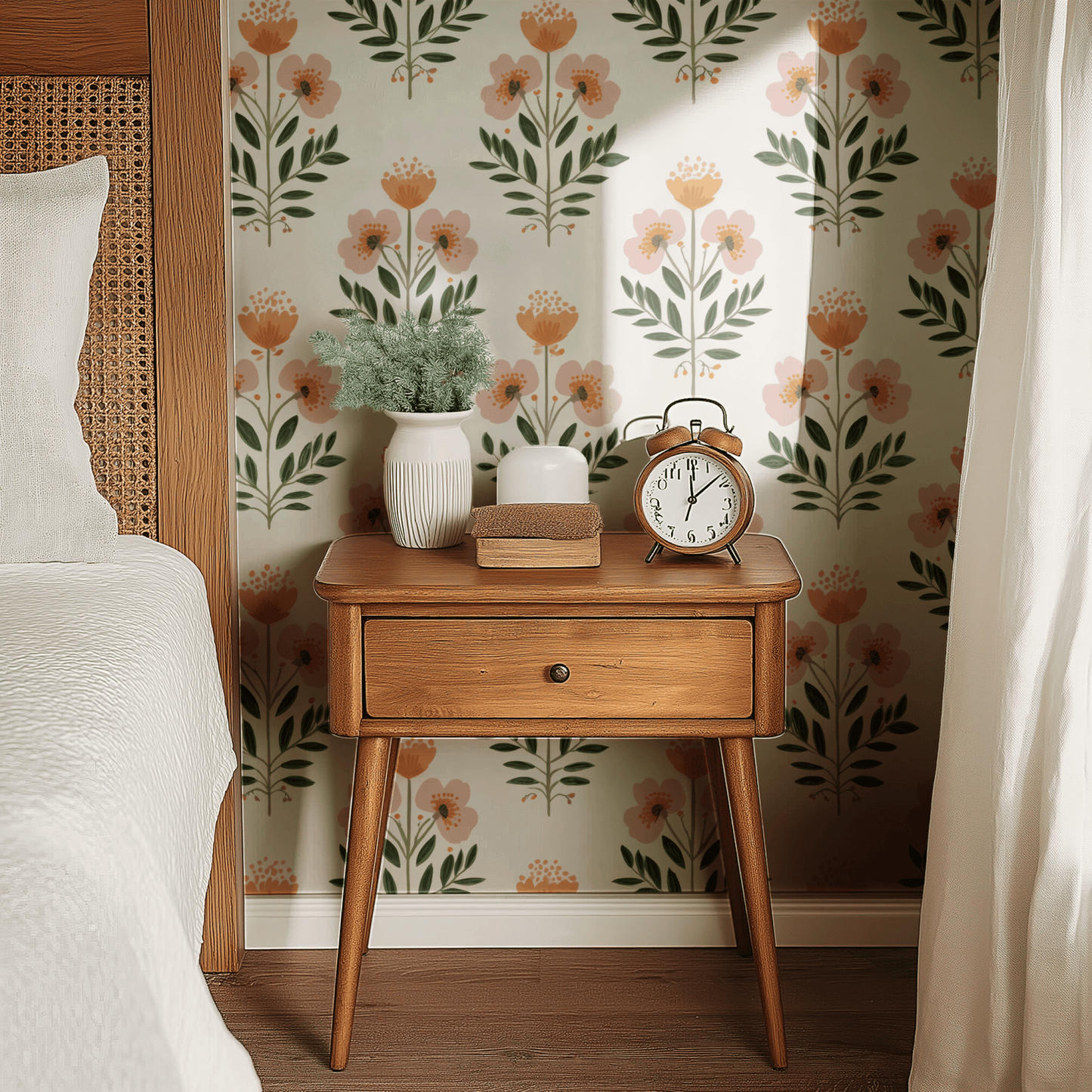 Cream Floral Wallpaper shown in a second room with the rosy daisies reading as fresh cottage-style decoration