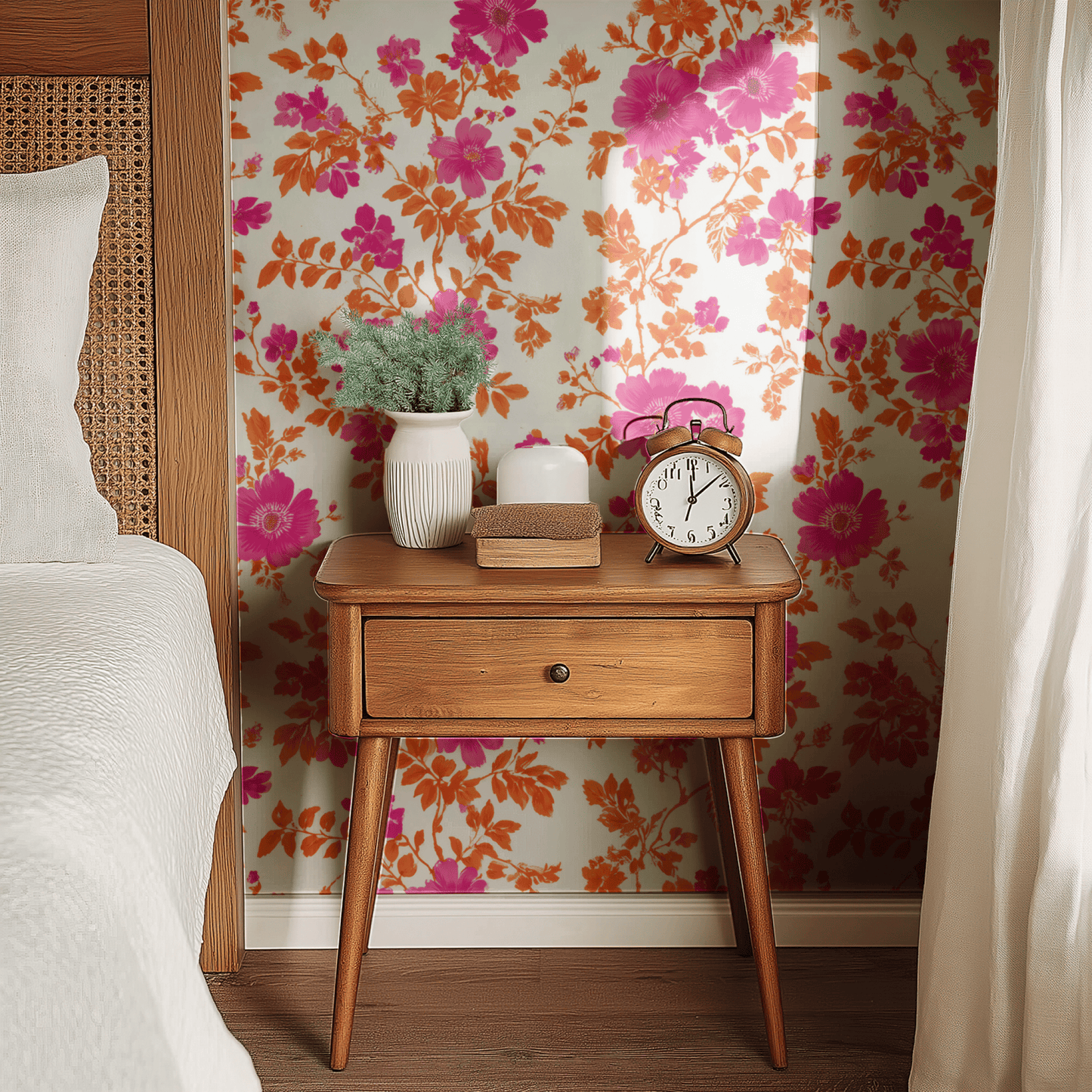 White Floral Wallpaper shown in a second interior with the crimson canopy giving the wall a fresh decorative-canopy character