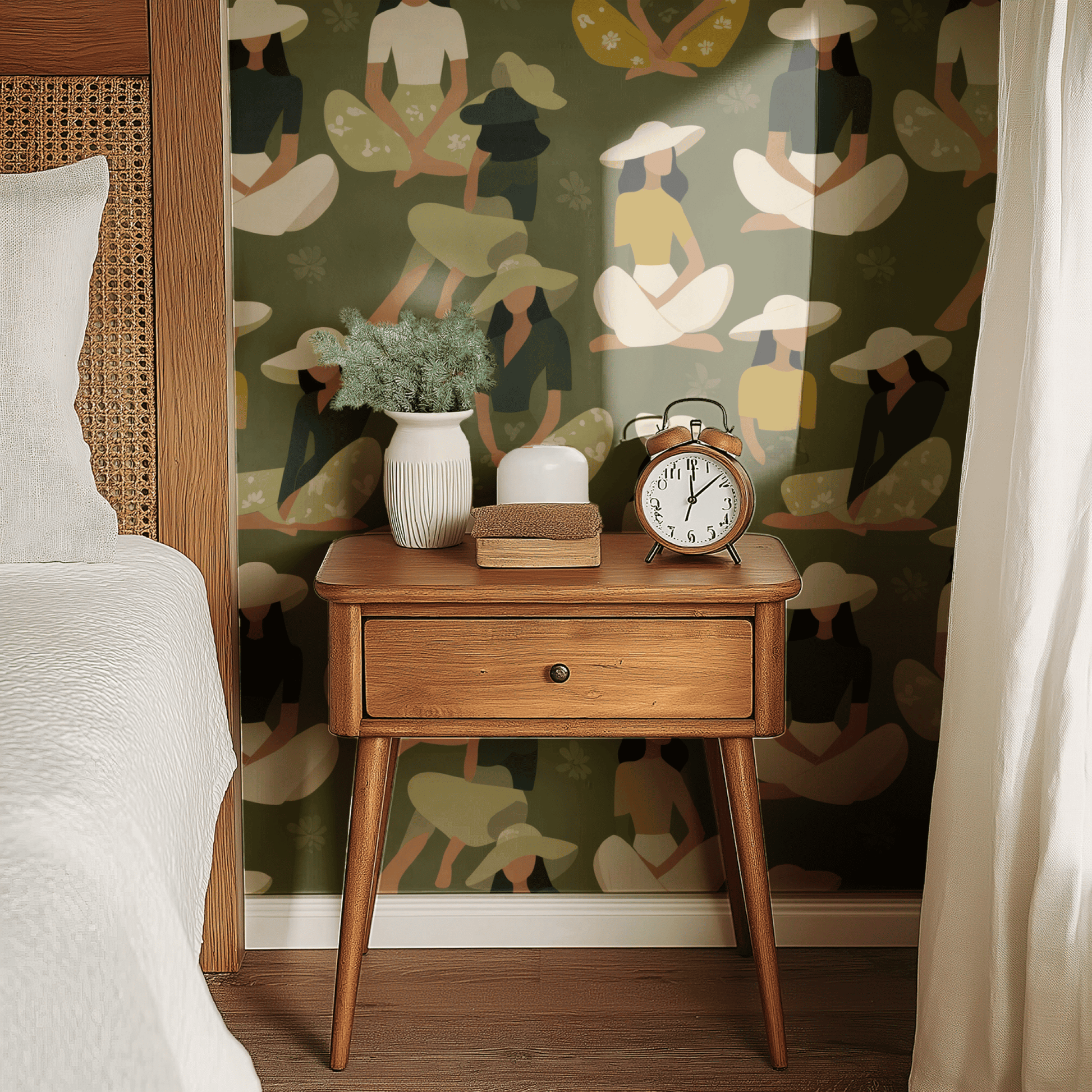 Green Abstract Wallpaper shown in a second room with the atmospheric green reading as meditative quiet background