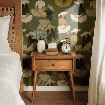 Green Abstract Wallpaper shown in a second room with the atmospheric green reading as meditative quiet background