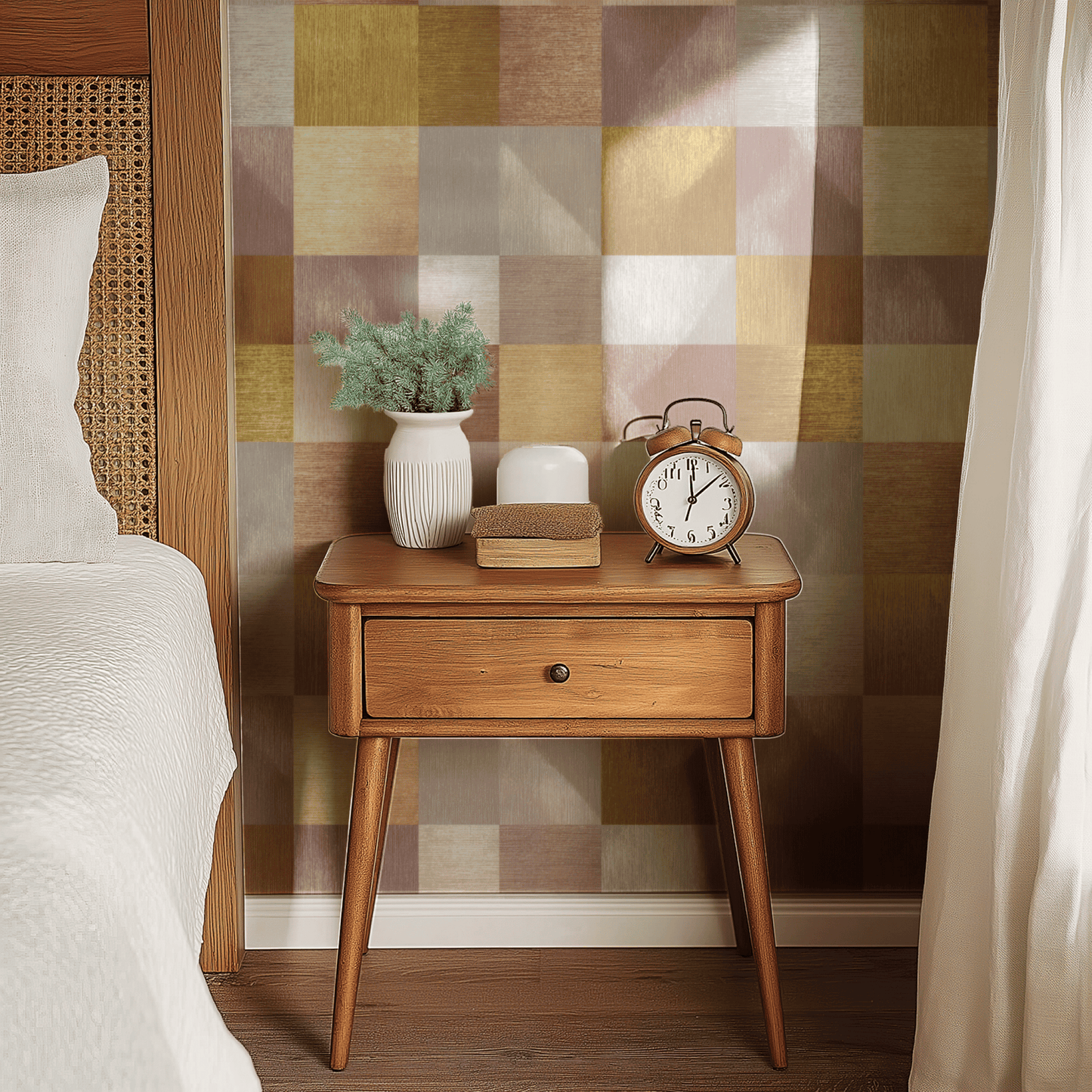 Multicolored Geometric Wallpaper shown in a second interior with the textile checkerboard reading as warmly handcrafted geometric pattern
