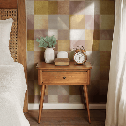 Multicolored Geometric Wallpaper shown in a second interior with the textile checkerboard reading as warmly handcrafted geometric pattern