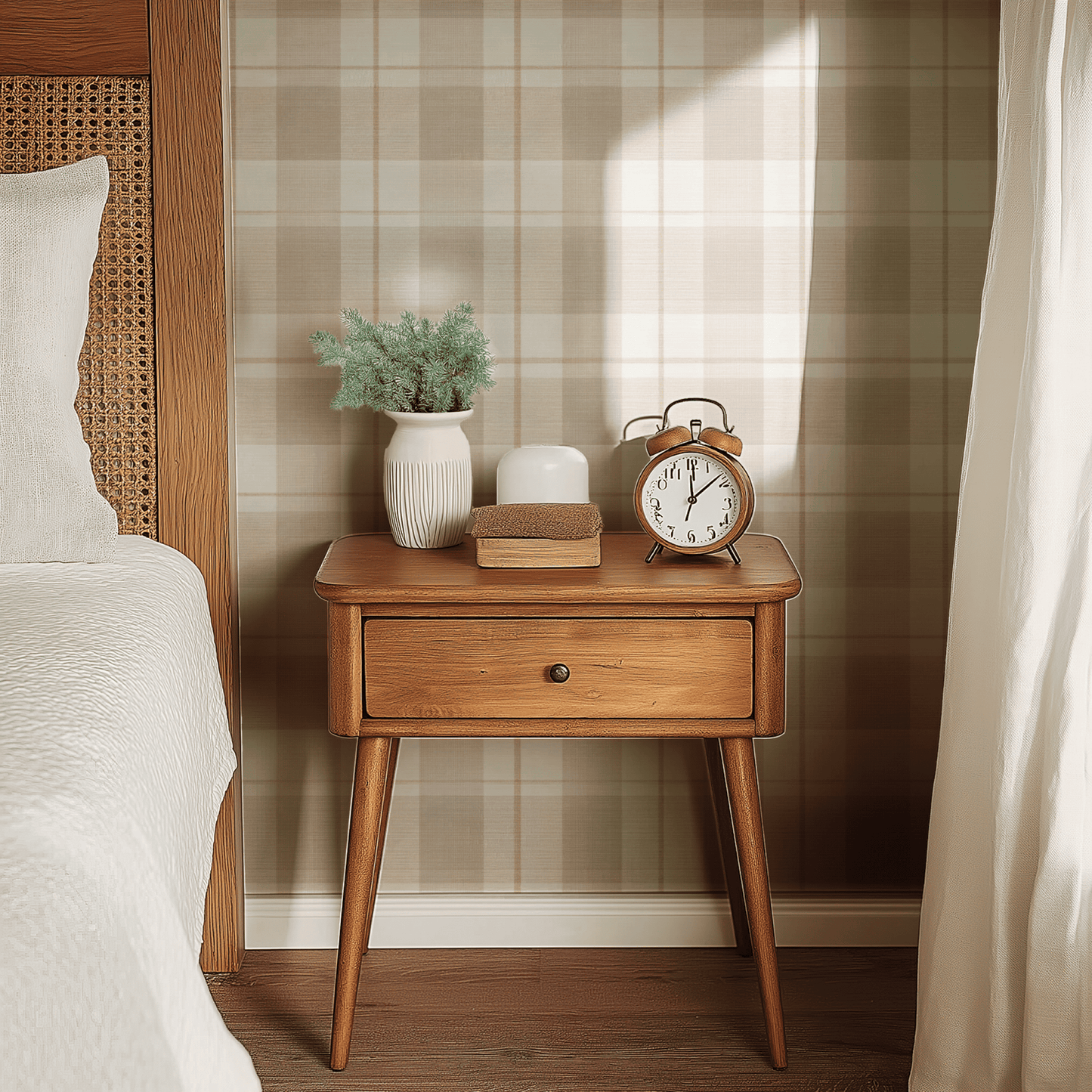 Cream Geometric Wallpaper shown in a second room with the rustic linen reading as warmly textured geometric decoration