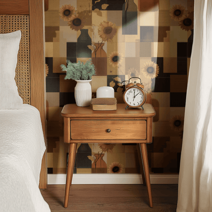 Brown Floral Wallpaper shown in a second interior with the sunflower harvest reading as harvest-warm geometric decoration