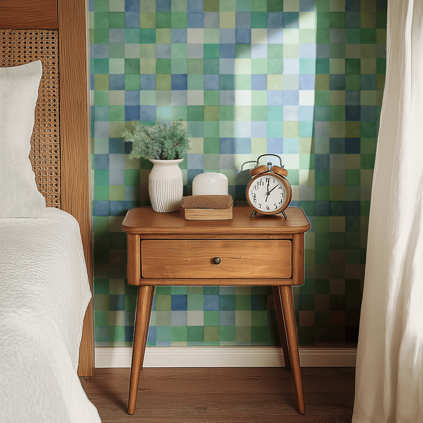 Green Geometric Wallpaper shown in a second interior with the watercolor squares reading as playfully soft contemporary geometric decoration