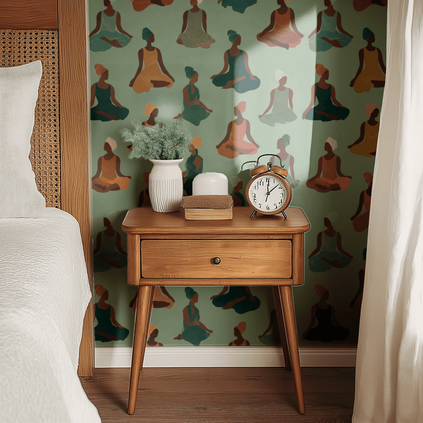 Green Abstract Wallpaper installed on a room wall with abstract minimalist yoga figures in soft pastel green