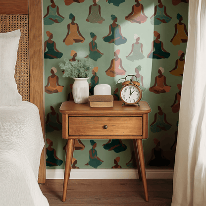Green Abstract Wallpaper installed on a room wall with abstract minimalist yoga figures in soft pastel green