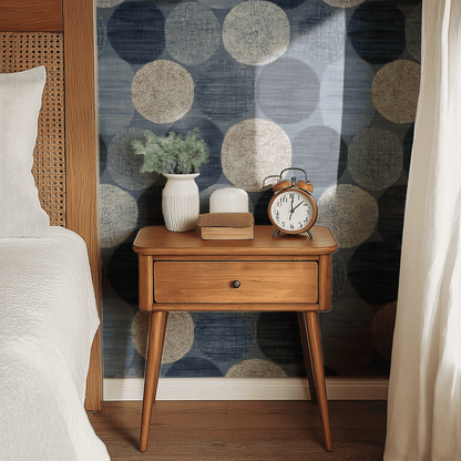 Blue Geometric Wallpaper shown in a second interior with the geometric rings reading as quietly modernist architectural pattern