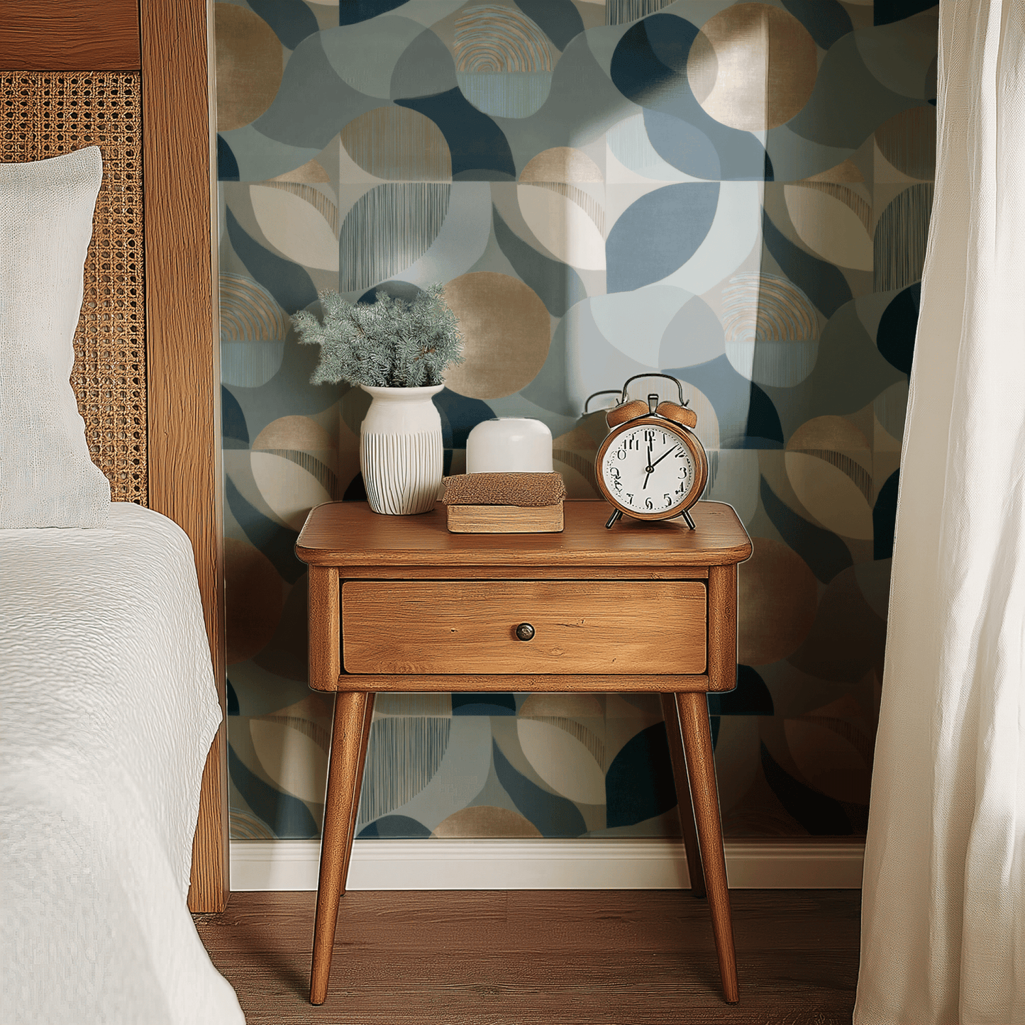 Blue Geometric Wallpaper shown in a second room with the Art Deco geometry giving the wall a 1920s-style luxurious character