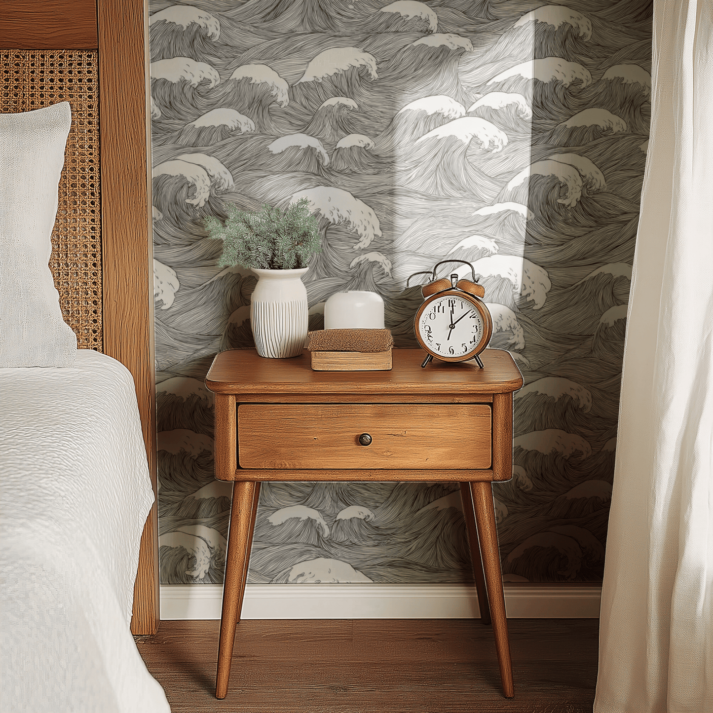 Grey Abstract Wallpaper shown in a second room with the abstract cascade reading as atmospheric quiet decoration