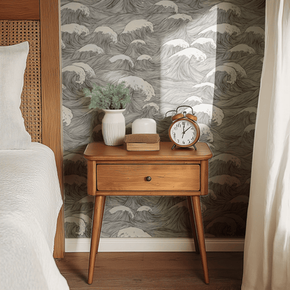 Grey Abstract Wallpaper shown in a second room with the abstract cascade reading as atmospheric quiet decoration