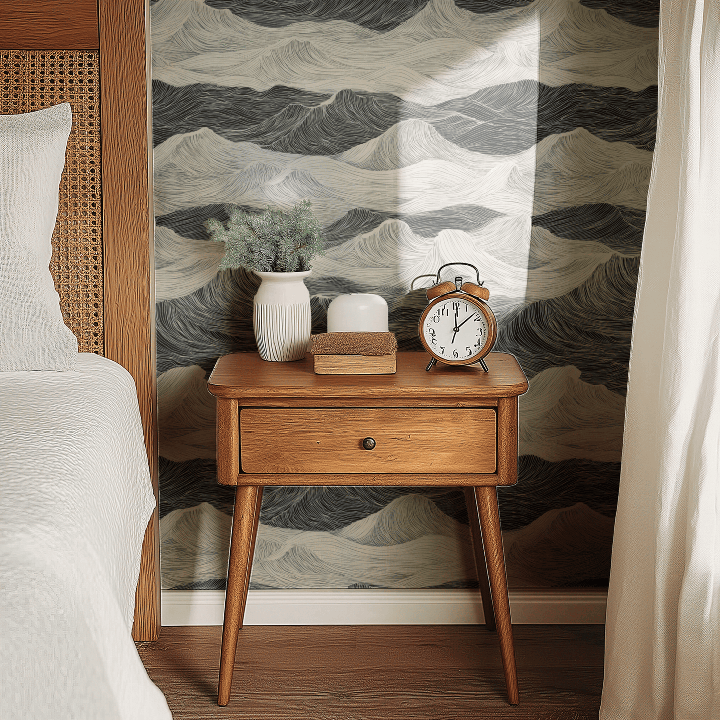 Grey Abstract Wallpaper shown in a second room with the inky ocean swells reading as atmospheric meditative decoration