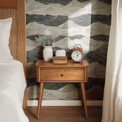 Grey Abstract Wallpaper shown in a second room with the inky ocean swells reading as atmospheric meditative decoration