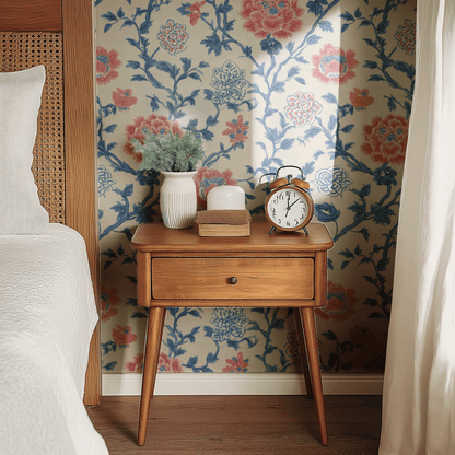 Cream Floral Wallpaper shown in a second interior with the scarlet chinoiserie reading as warmly traditional East-Asian-influenced decoration