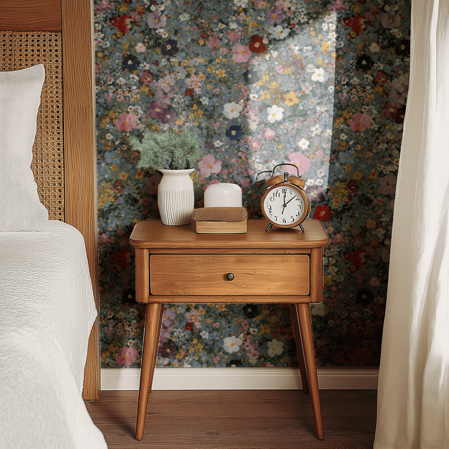 Green Grey Floral Wallpaper shown in a second room with the soft multicolor cottagecore posies giving the wall a feminine cottage atmosphere