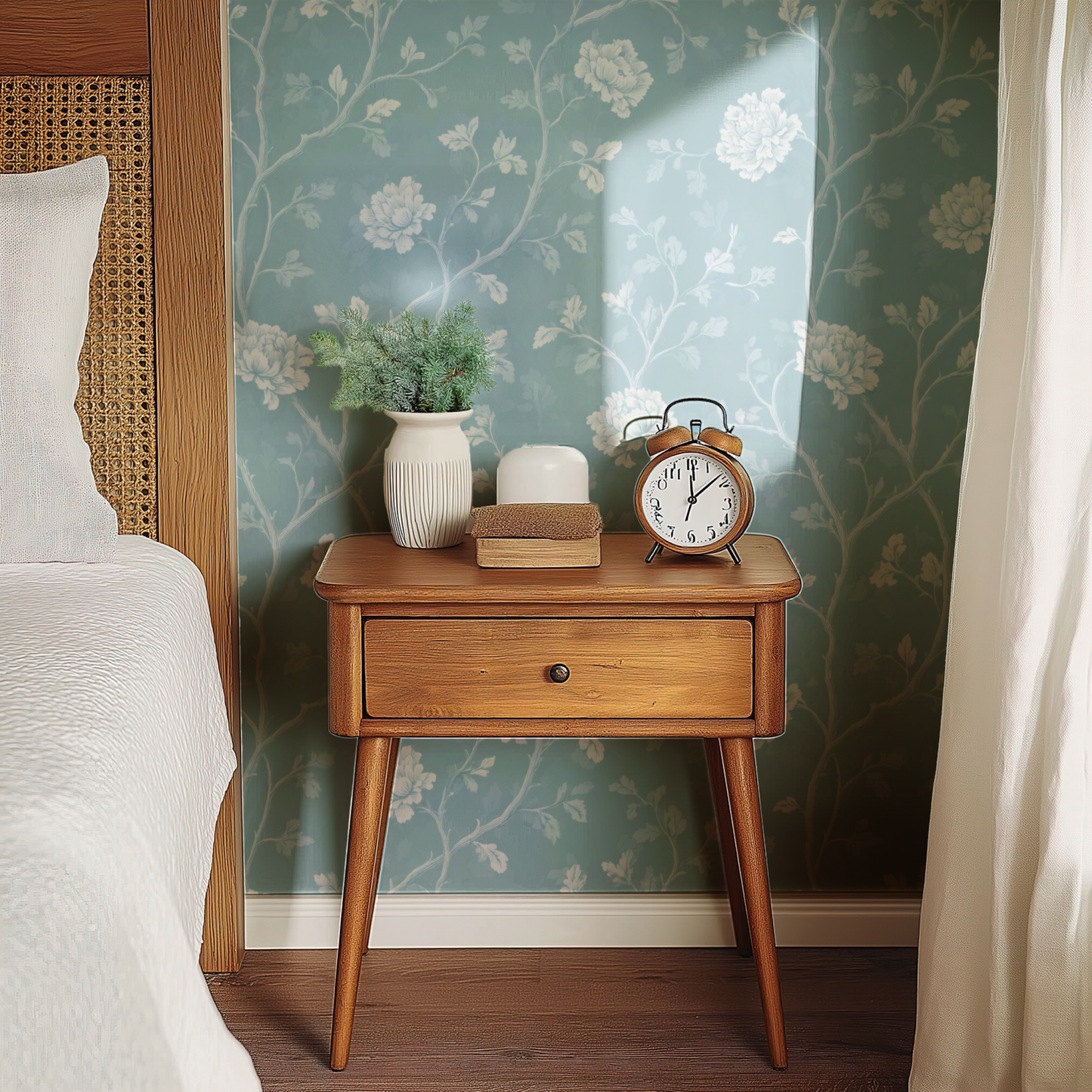 Blue Floral Wallpaper shown in a second room with the powder tendrils reading as quietly soft traditional decoration