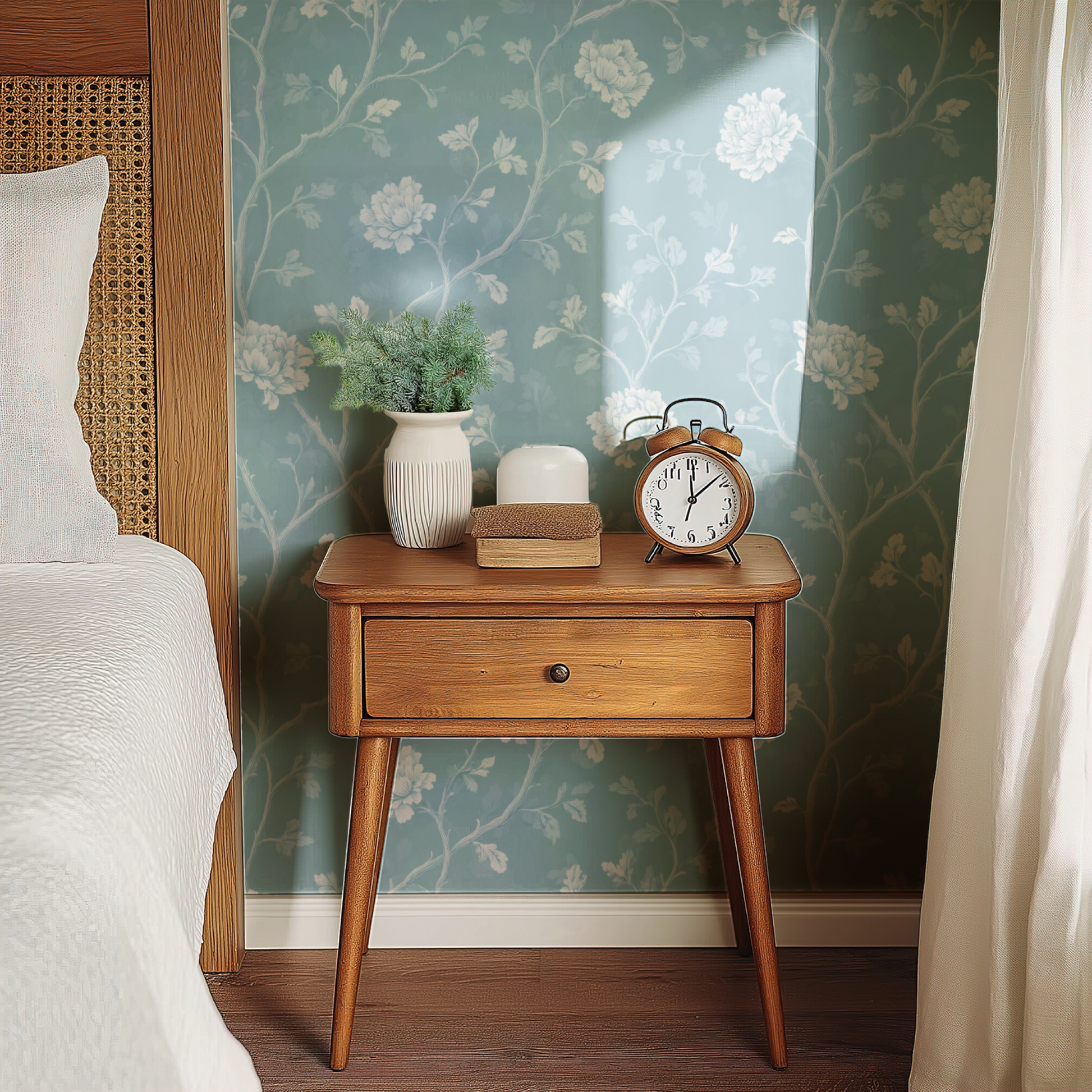 Blue Floral Wallpaper shown in a second room with the powder tendrils reading as quietly soft traditional decoration