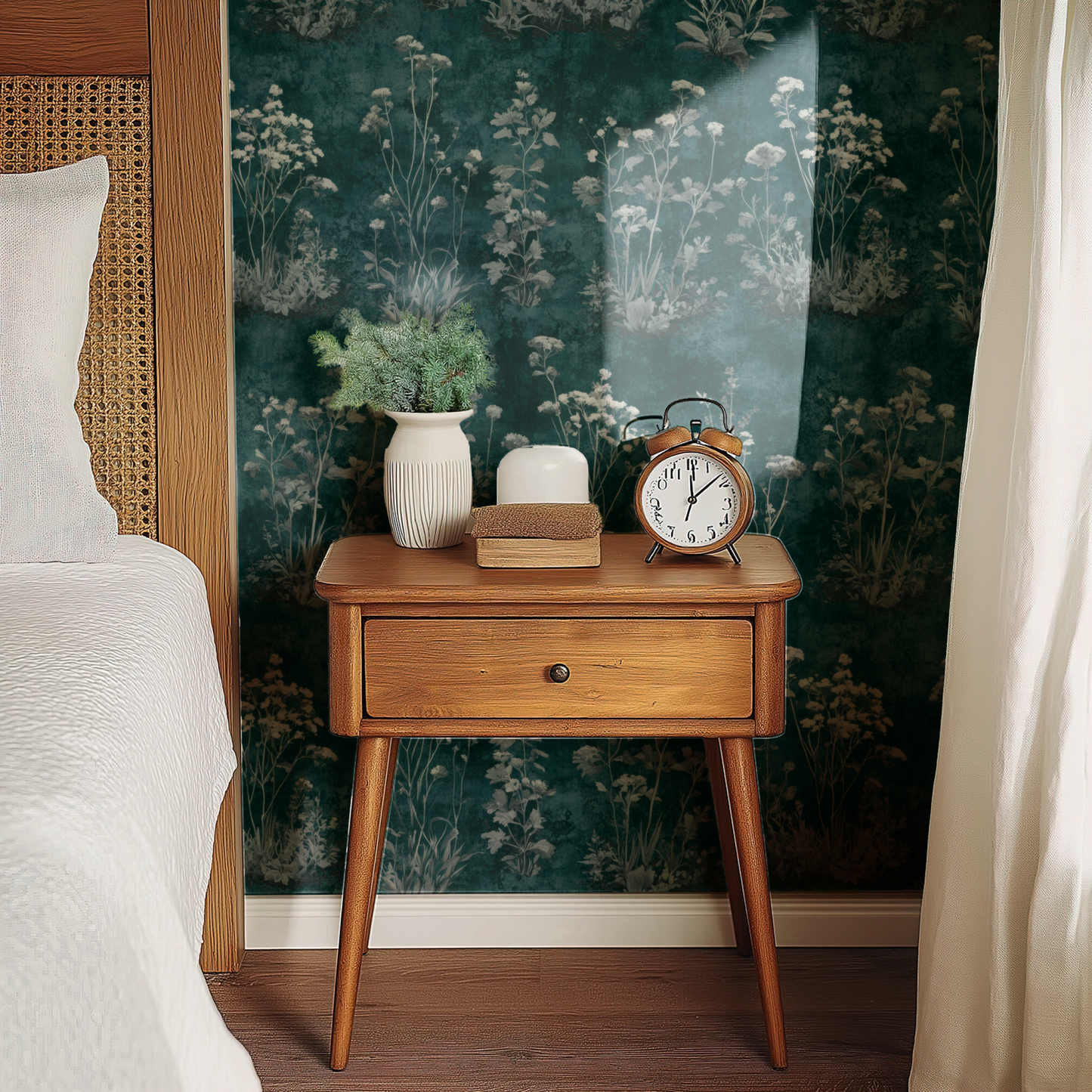 Green Botanical Wallpaper shown in a second room with the deep malachite meadow reading as atmospheric library-style botanical decoration
