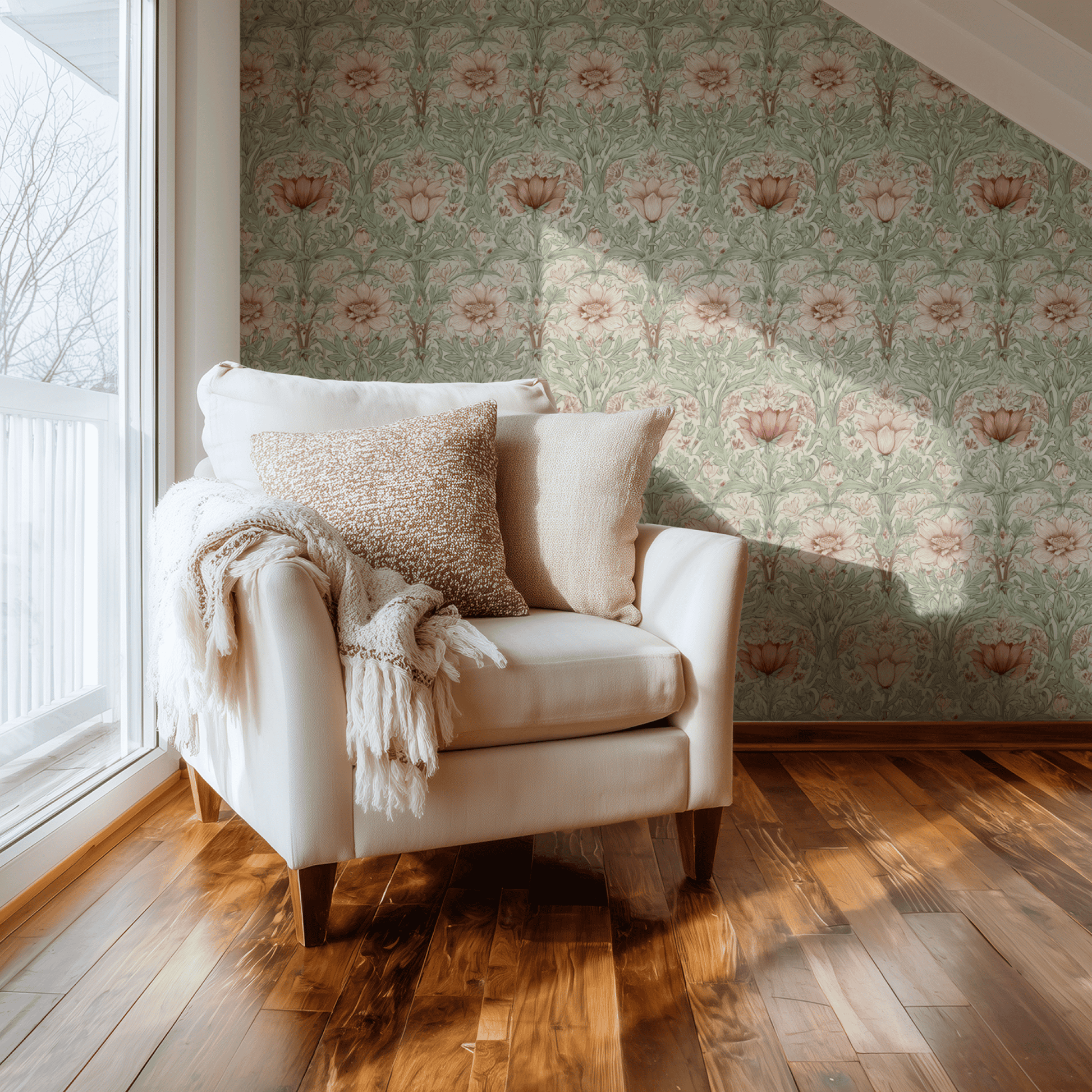 Cream Floral Wallpaper installed on a room wall with art nouveau botanical florals in dusty cream tones